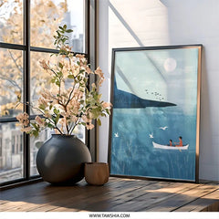 Father Son Rowing Wall Art, Boat Lake Scenery Print, Minimalist Water Landscape, Modern Home Decor, Nature Illustration Art - Tawshia