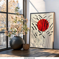 Abstract Red Sun Wall Art, Minimalist Sunset Print, Modern Ink Painting, Bold Geometric Decor, Japanese Style Home Accent, Unique Gift Idea - Tawshia