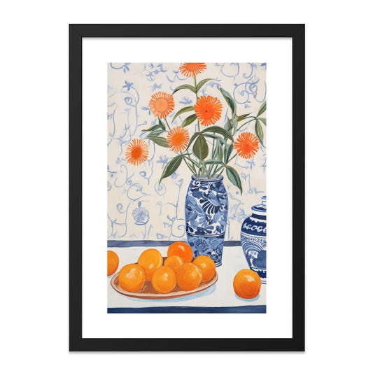Orange Floral Still Life Wall Art, Vase of Flowers Print, Citrus Fruit Art, Kitchen Wall Decor, Contemporary Art Print - Tawshia