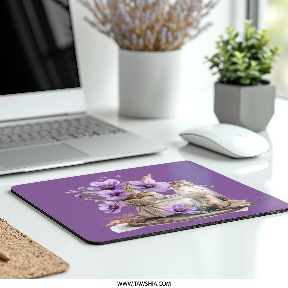 Purple Floral Mouse Pad, Flower Jars Desk Accessory, Botanical Computer Mat, Aesthetic Office Decor, Home Office Mousepad, Cute Mousepad - Tawshia