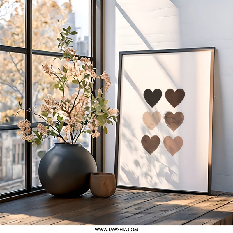 Skin Tone Hearts Wall Art, Diversity Art Print, Love and Unity Home Decor, Minimalist Heart Design, Neutral Tone Wall Decor - Tawshia