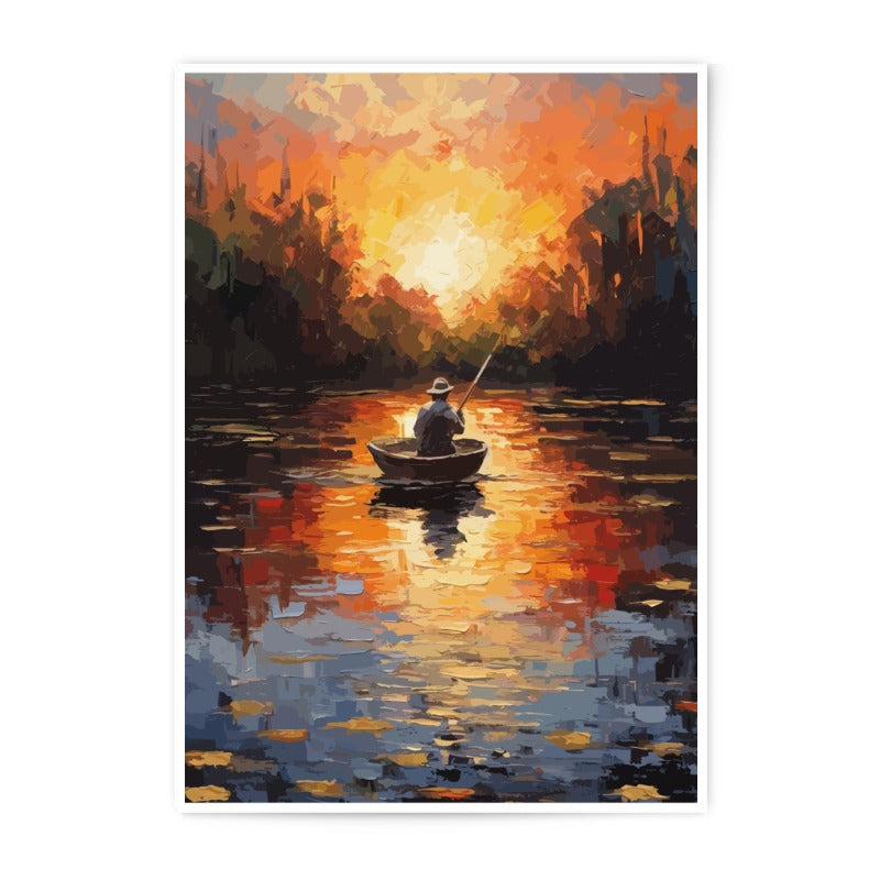 Fishing at Sunset Photographic Print, Lake Landscape Art, Impressionist Painting Style, Home Decor, Peaceful Wall Art, Fisherman Gift Idea - Tawshia