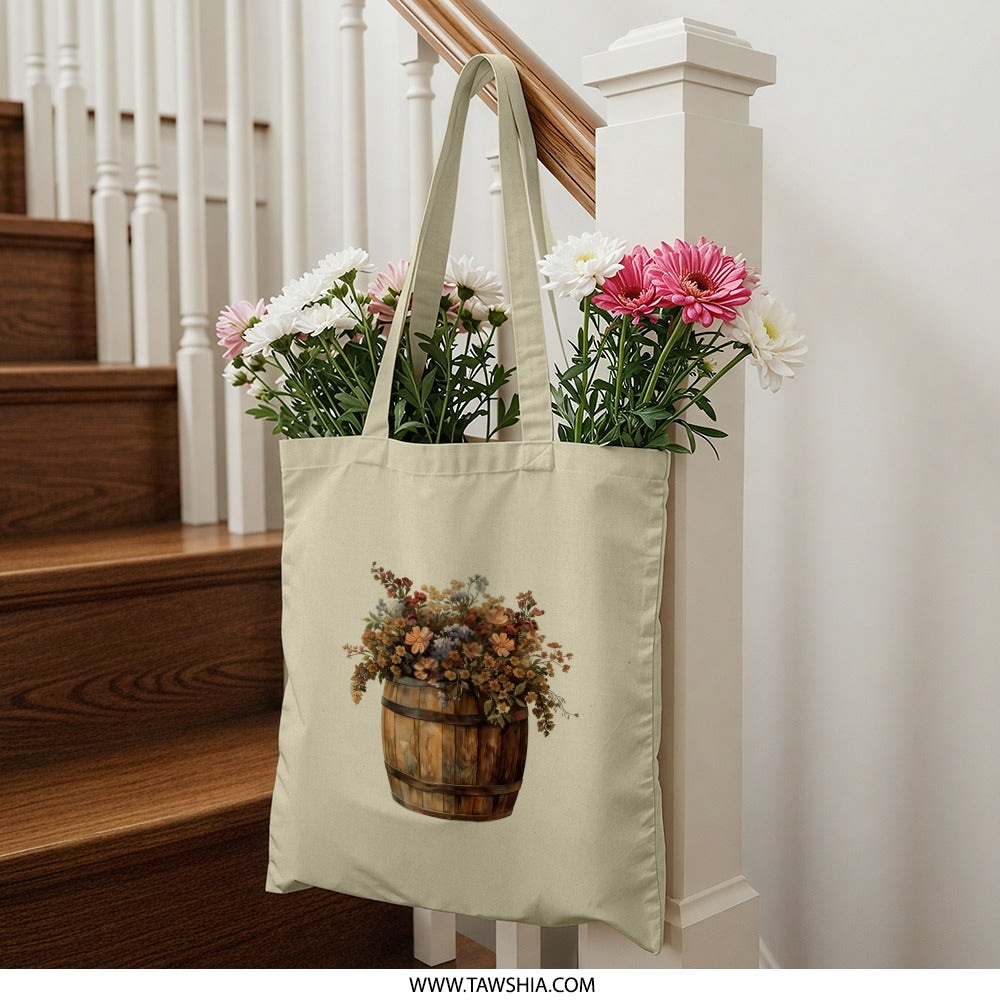 Floral Barrel Tote Bag, Rustic Flower Design, Farmhouse Style Bag, Botanical Art Tote, Nature Lover Gift, Trendy Everyday Bag - Tawshia