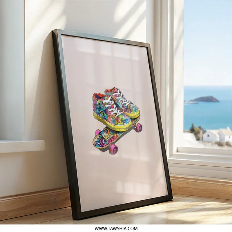 Vibrant Sneakers, Skateboard Wall Art, Colorful Footwear Design, Playful Home Decor, Unique Gift Idea, Trendy Wall Art Print - Tawshia