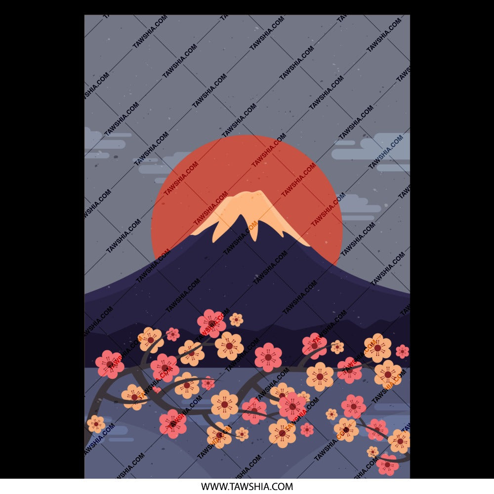 Blossoming Cherry Tree with Sunset Mountain View product