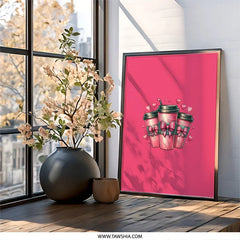 Pink Coffee Wall Art, Cute Coffee Print, Coffee Lover Decor, Kawaii Decor, Coffee Cups with Bows, Pink Wall Decor, Trendy Wall Decor - Tawshia