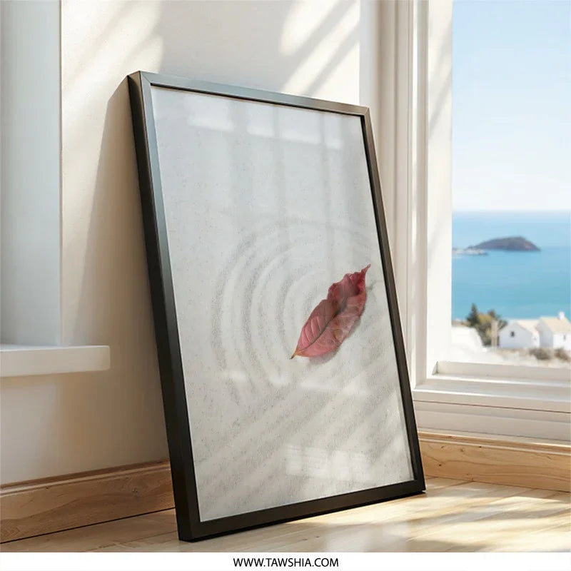 Zen Garden Wall Art, Red Leaf on Sand, Minimalist Decor, Calming Artwork, Relaxing Print, Home Office Art, Peaceful Wall Decor - Tawshia