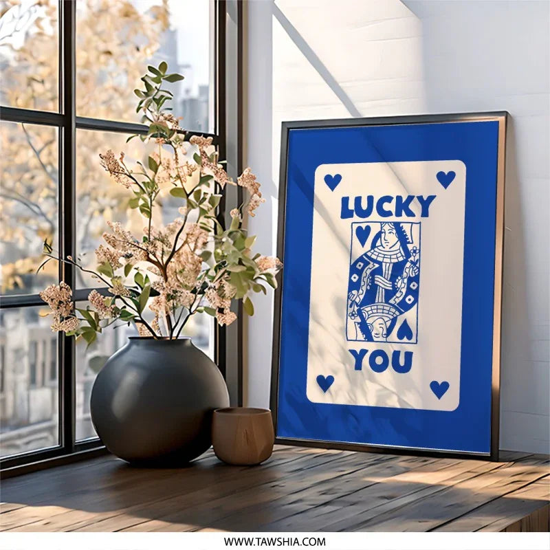 Lucky You Wall Art, Queen of Hearts Print, Playing Card Art, Blue and Cream Decor, Unique Wall Decor, Minimalist Art - Tawshia
