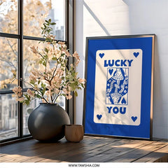 Lucky You Wall Art, Queen of Hearts Print, Playing Card Art, Blue and Cream Decor, Unique Wall Decor, Minimalist Art - Tawshia