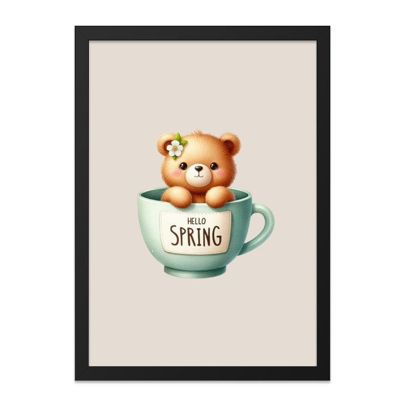 Cute Teddy Bear Framed Wall Art, Spring Decor Print, Nursery Art, Animal Illustration, Kids Room Decor, Cartoon Bear in a Mug, Gift Idea - Tawshia