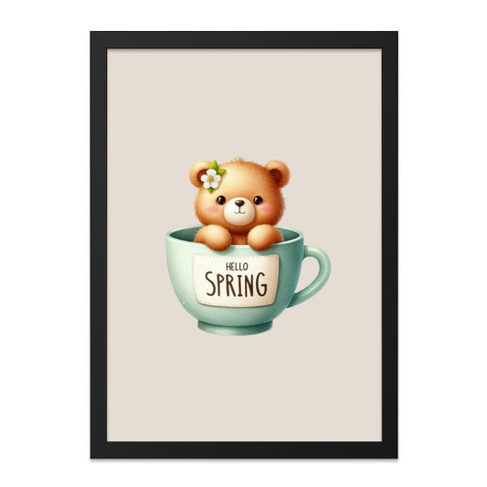 Cute Teddy Bear Framed Wall Art, Spring Decor Print, Nursery Art, Animal Illustration, Kids Room Decor, Cartoon Bear in a Mug, Gift Idea - Tawshia
