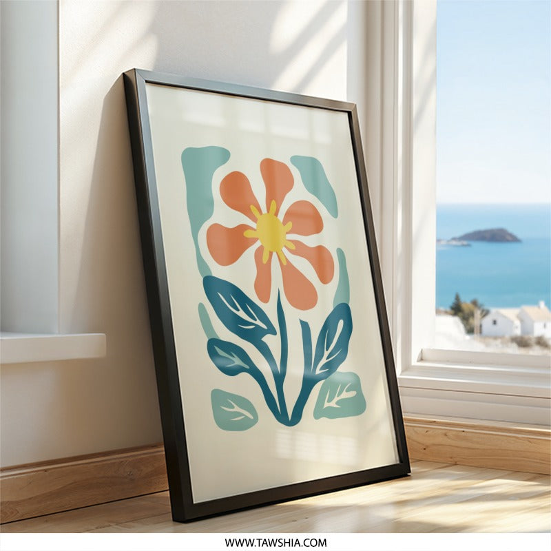 Orange Flower Wall Art, Floral Print, Retro Flower Decor, Mid Century Modern Flower Wall Decor, Botanical Wall Hanging, Home Decor - Tawshia