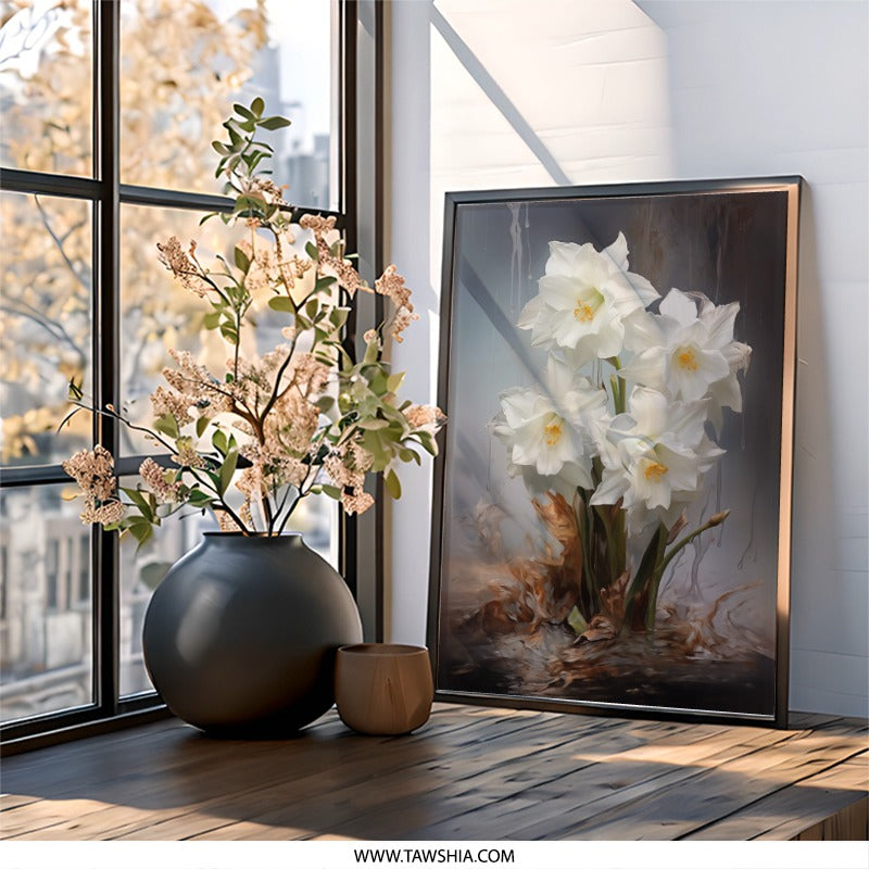 White Narcissus Wall Art, Floral Art Print, Botanical Wall Decor, Flower Painting, Spring Decor, Elegant Wall Hanging, Home Decor - Tawshia