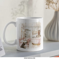 Cafe Mug, Watercolor Art Mug, Coffee Shop Lover Gift, Unique Mug, Coffee Mug, Tea Cup, Artistic Mug, Gift for Cafe Owner, Drinkware - Tawshia