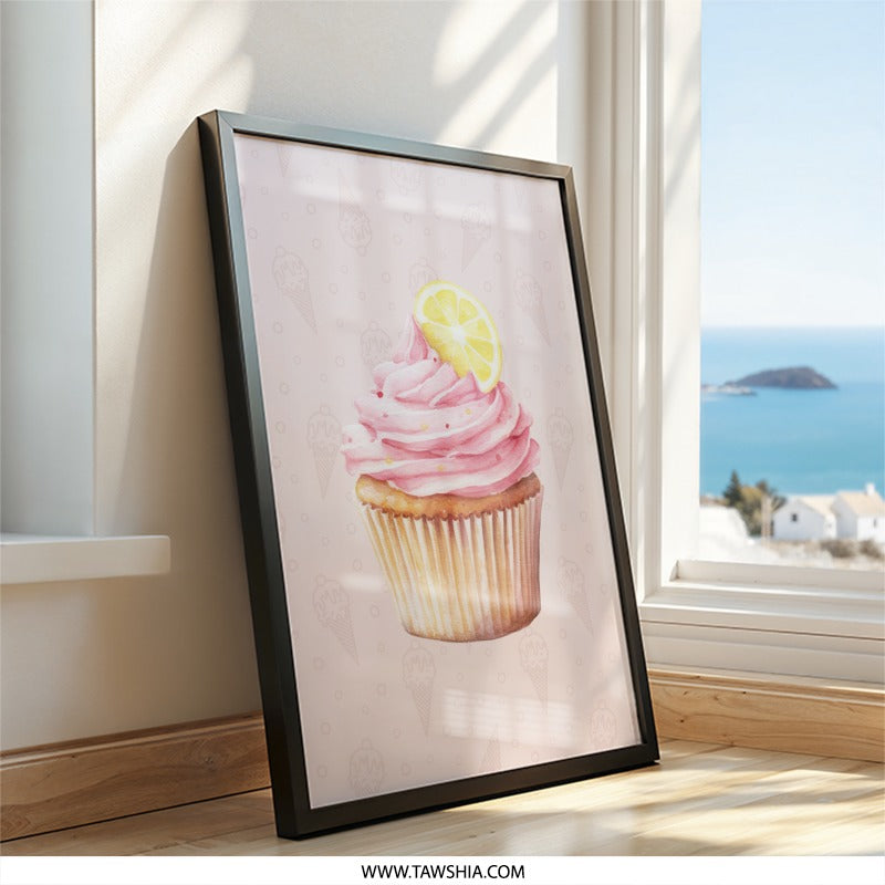 Pink Cupcake Framed Wall Art, Watercolor Dessert Print, Kitchen Decor, Cute Food Art, Whimsical Art Print, Lemon Slice Topping, Ready to - Tawshia