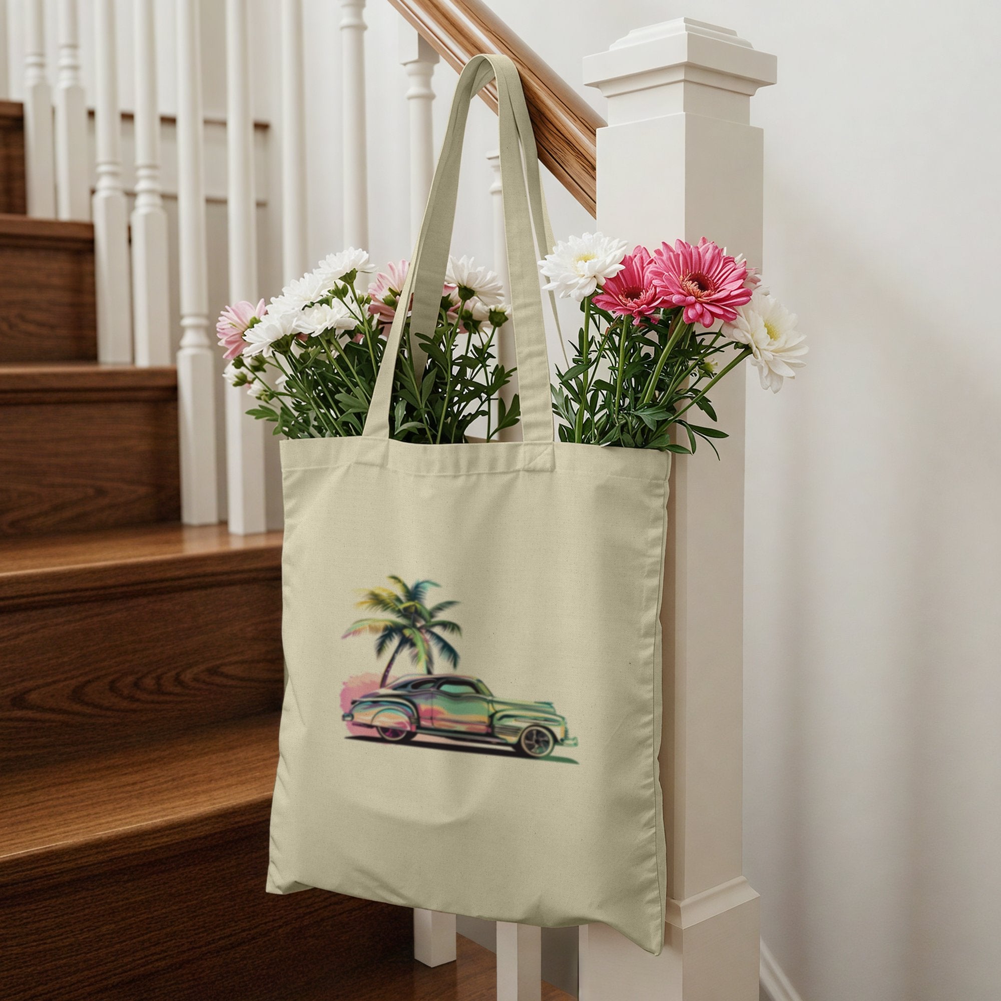 Vintage Car with Palm Trees Tote Bag product type