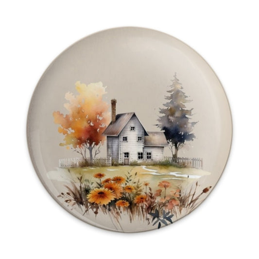 Watercolor Farmhouse Pinback Button, Autumn Landscape Badge, Cozy Country Cottage, Fall Decor Accessory, Nature Inspired Buttons - Tawshia