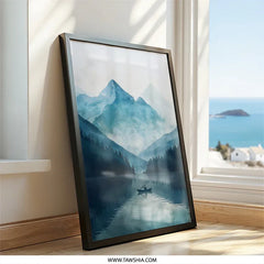 Serene Mountain Lake Wall Art, Moody Landscape Print, Minimalist Rowing Scene, Peaceful Nature Decor, Modern Home Art, Tranquil Gift - Tawshia