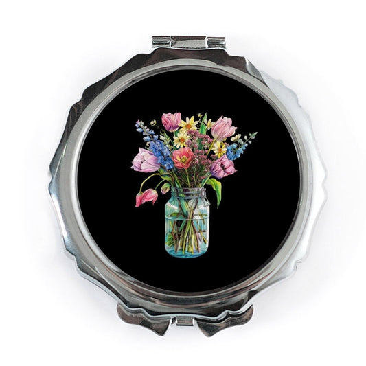 Floral Bouquet Pocket Mirror, Jar Flower Art Compact Mirror, Watercolor Tulips Makeup Mirror, Botanical Gift for Her, Elegant Handbag Mirror - Tawshia