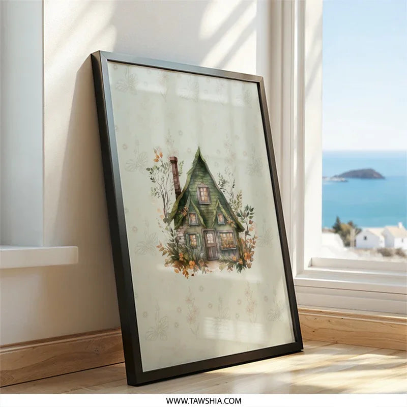 Cottagecore Wall Art, Watercolor House Print, Fairy Tale Cottage, Cozy Home Decor, Whimsical Art Print, Dreamy Landscape, Green Cottage - Tawshia