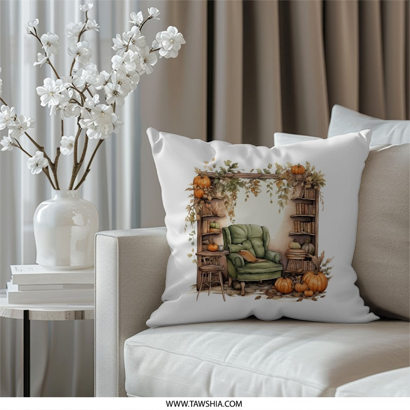Autumn Reading Nook Pillow, Cozy Fall Decor, Pumpkin Season, Book Lover Gift, Home Decor Pillow - Tawshia