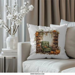 Autumn Reading Nook Pillow, Cozy Fall Decor, Pumpkin Season, Book Lover Gift, Home Decor Pillow - Tawshia