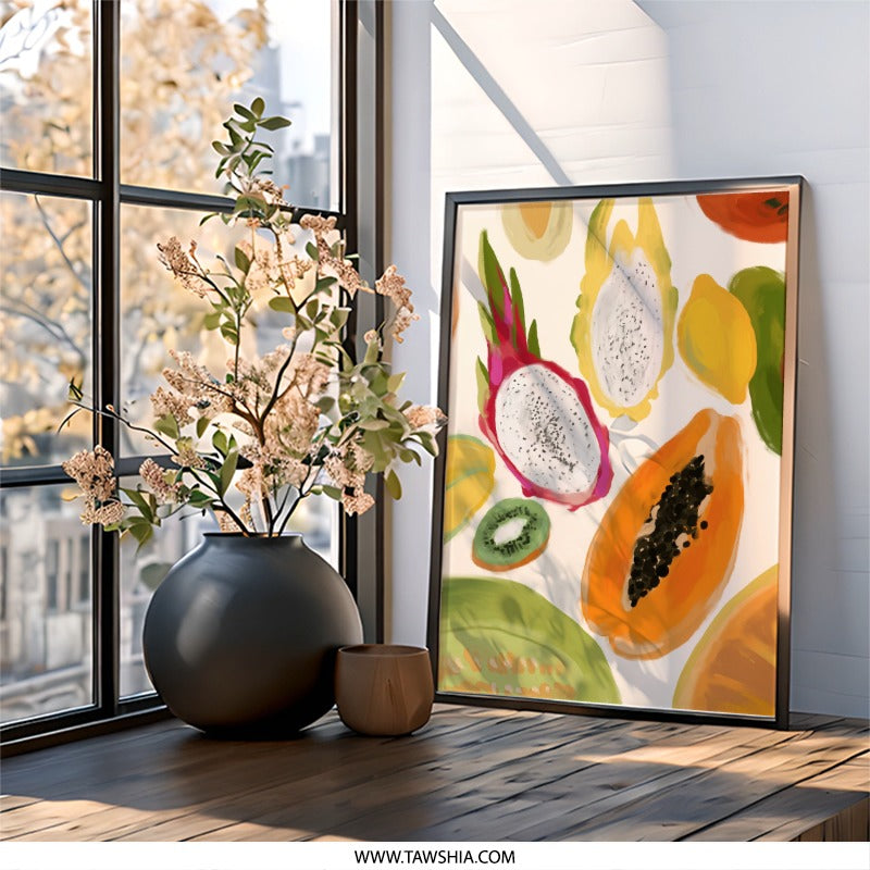 Tropical Fruit Wall Art, Exotic Fruit Print, Dragon Fruit Art, Papaya Print, Kitchen Wall Decor, Modern Art Print, Colorful Wall Art - Tawshia