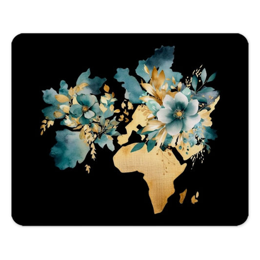 Floral World Map Mouse Pad, Teal Gold Mousepad, Artistic Desk Decor, Unique Office Gift, Watercolor Flowers Mousepad - Tawshia