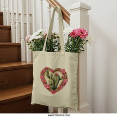 Cactus Heart Tote Bag, Floral Wreath Bag, Succulent Plant, Desert Decor, Gardening Gift, Boho Style, Nature Lover, Trendy Bag - Tawshia