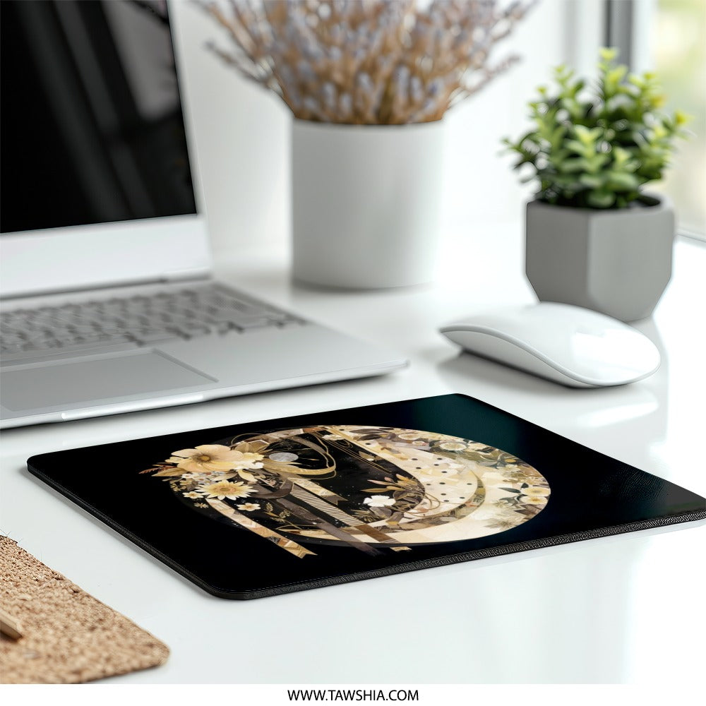 Floral Crescent Moon Mouse Pad, Celestial Art Desk Decor, Boho Office Gift Idea, Crescent Moon Art, Lunar Mousepad, Elegant Mouse Pad - Tawshia