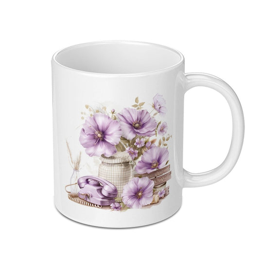 Floral Telephone Mug, Purple Flowers, Vintage Phone, Book Lover, Coffee Mug, Tea Cup, Gift Idea, Home Decor, Unique Mug - Tawshia