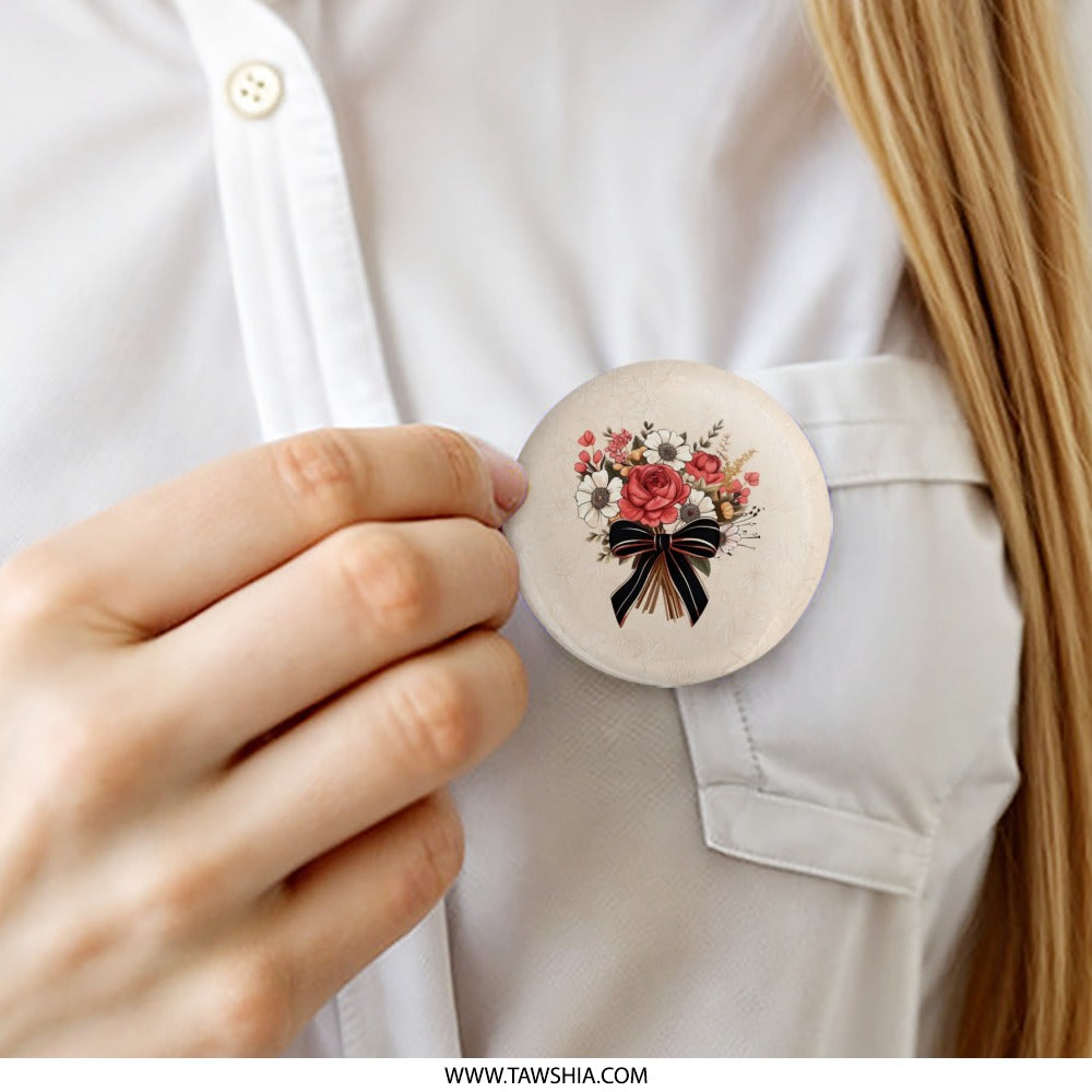 Floral Bouquet Pinback Button, Red Rose Flowers with Ribbon, Cute Pin Buttons, Floral Design, Gift for Flower Lovers, Aesthetic Pin - Tawshia