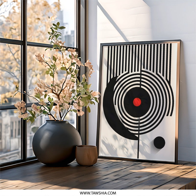 Geometric Wall Art, Modern Abstract Print, Minimalist Home Decor, Striking Black and White Design, Red Accent, Contemporary Art - Tawshia