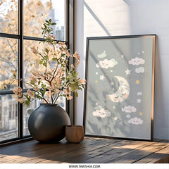 Sleepy Moon Wall Art, Nursery Decor, Starry Night Print, Baby Room Art, Kids Wall Decor, Dreamy Cloud Art, Cute Wall Art, Moon and Stars Art - Tawshia