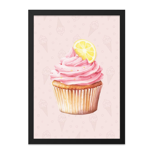 Pink Cupcake Framed Wall Art, Watercolor Dessert Print, Kitchen Decor, Cute Food Art, Whimsical Art Print, Lemon Slice Topping, Ready to - Tawshia