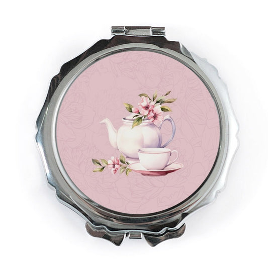 Tea Party Pocket Mirror, Floral Pocket Mirror, Teapot Pocket Mirror, Cosmetic Mirror, Gift for Her, Purse Mirror, Makeup Mirror, Portable - Tawshia