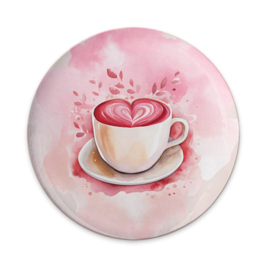 Pink Latte Heart Art Pinback, Coffee Lover Pin, Valentines Day Gift, Aesthetic Cute Button Badge, Heart Latte Art Pinback - Tawshia