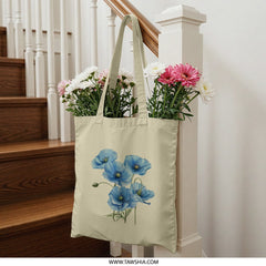 Blue Poppy Tote Bag, Floral Shopping Bag, Botanical Tote, Flower Market Bag, Unique Gift Idea, Aesthetic Bag, Summer Bag, Grocery Bag - Tawshia