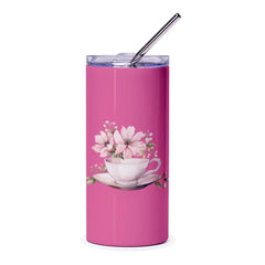 Floral Tea Cup Tumbler, Pink Tumbler, Flower Tea Tumbler, Gift For Tea Lover, Cute Tumbler With Straw, Tea Party, Unique Gift - Tawshia