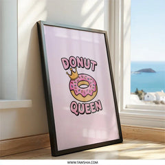 Donut Queen Wall Art, Funny Food Print, Cute Kitchen Decor, Sweet Treat Art, Donut Lover Gift, Pink Wall Decor - Tawshia