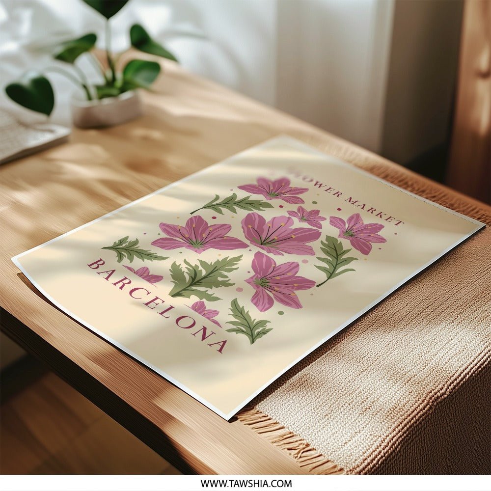 Flower Market Barcelona Photographic Print, Floral Botanical Art, Pink Flower Illustration, Europe Travel Poster, Botanical Home Decor - Tawshia