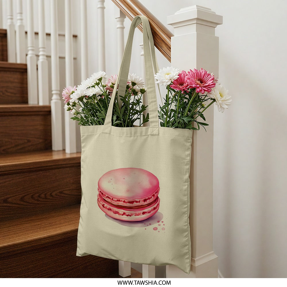 Pink Macaron Tote Bag, Watercolor Dessert Bag, Foodie Gift, Cute Aesthetic Bag, Stylish Grocery Bag, French Pastry Shopper Bag - Tawshia
