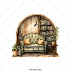 Cozy Book Nook Tote Bag, Watercolor Couch and Bookshelf, Relaxing Scene Carryall, Book Lover Gift, Literary Theme Bag, Everyday Tote - Tawshia