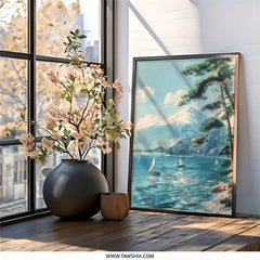 Mount Fuji Wall Art, Japan Landscape Print, Sailboats Painting, Asian Scenery Poster, Lake Painting, Mountain Wall Decor - Tawshia