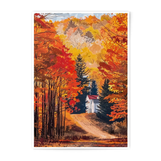 Autumn Home Photographic Print, Fall Foliage Art, Autumn Landscape Print, Cabin in Woods Decor, Seasonal Wall Art - Tawshia