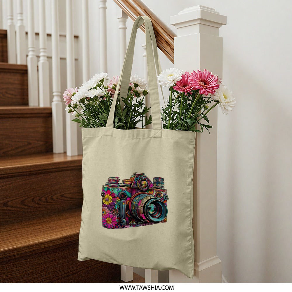 Floral Camera Tote Bag, Photographer Gift, Colorful Camera Design, Artsy Tote Bag, Unique Gift Idea - Tawshia