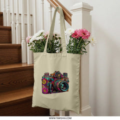 Floral Camera Tote Bag, Photographer Gift, Colorful Camera Design, Artsy Tote Bag, Unique Gift Idea - Tawshia
