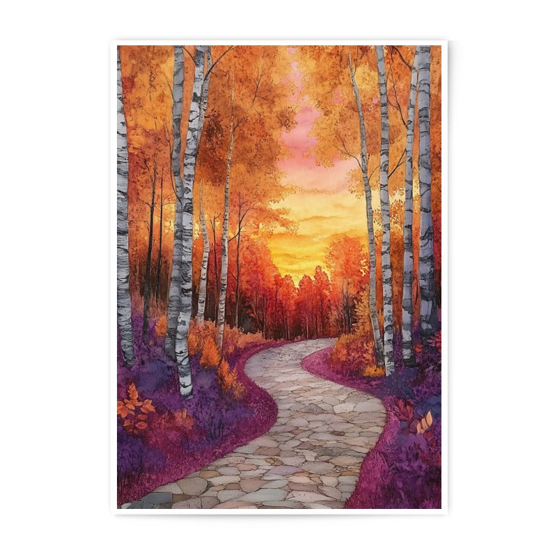 Birch Tree Forest Path Photographic Print, Autumn Landscape Art, Sunset Wall Decor, Nature Photography, Fine Art Print - Tawshia
