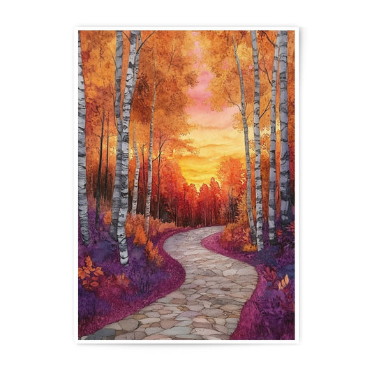 Birch Tree Forest Path Photographic Print, Autumn Landscape Art, Sunset Wall Decor, Nature Photography, Fine Art Print - Tawshia