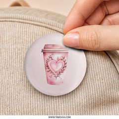 Pink Coffee Cup Pinback Button, Watercolor Heart Pin Badge, Cute Aesthetic Button, Valentine's Day Gift, Coffee Lover Gift - Tawshia